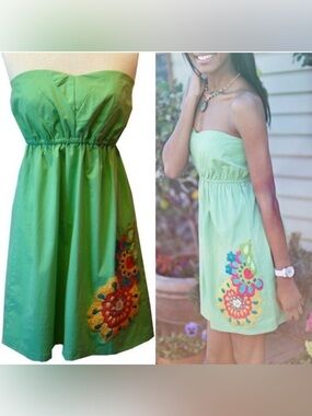 Strapless Green A-Line Sundress Judith March NEW Embroidered Flowers Boho Chic
